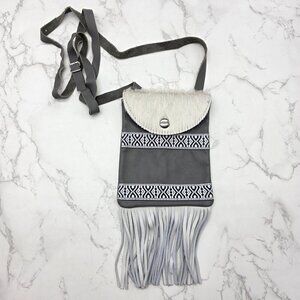 Cowhide Leather Fringe Crossbody Bag Gray Small Western Southwest Cowgirl Aztec